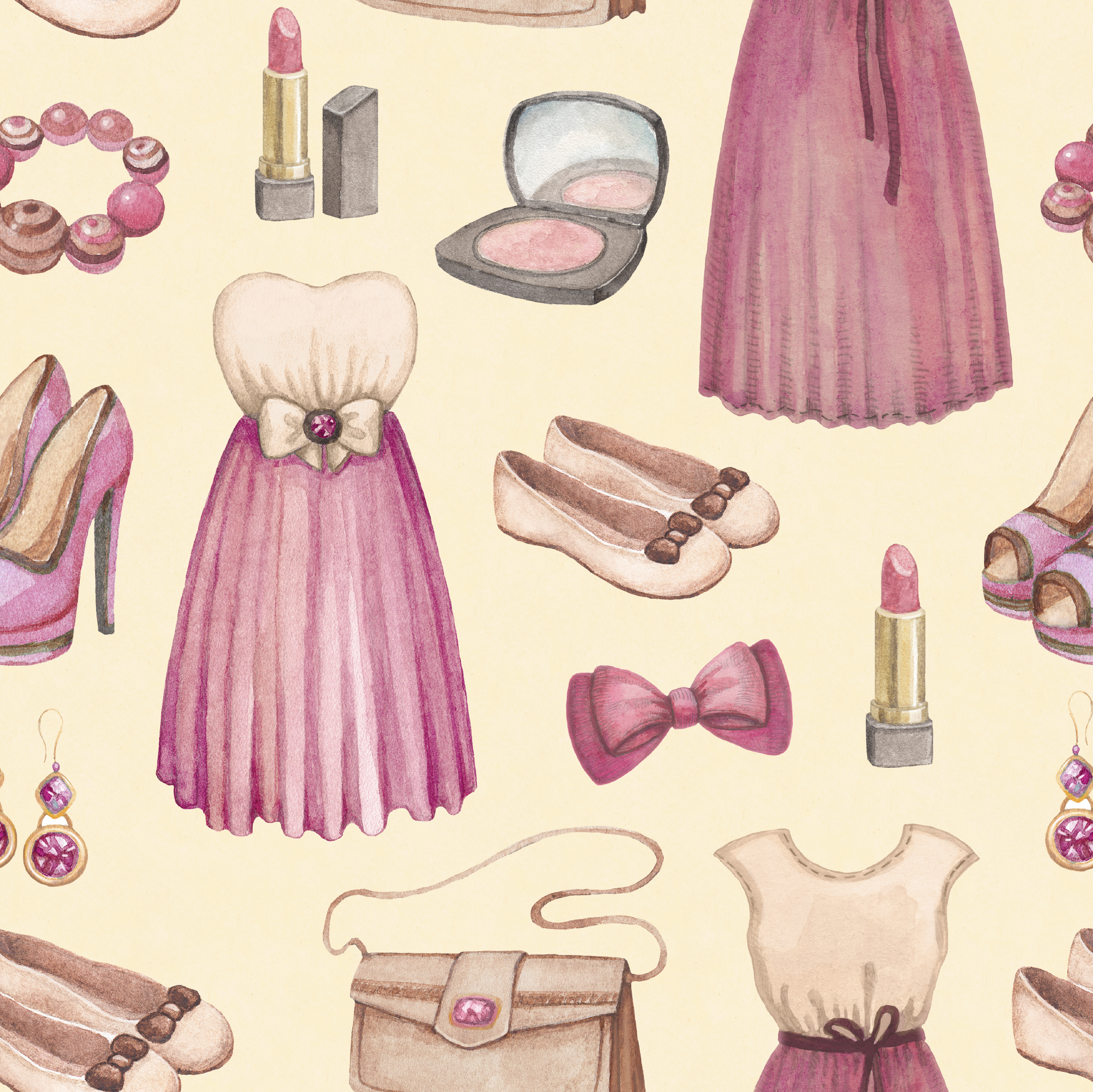 Watercolor fashion illustrations collection. Seamless pattern